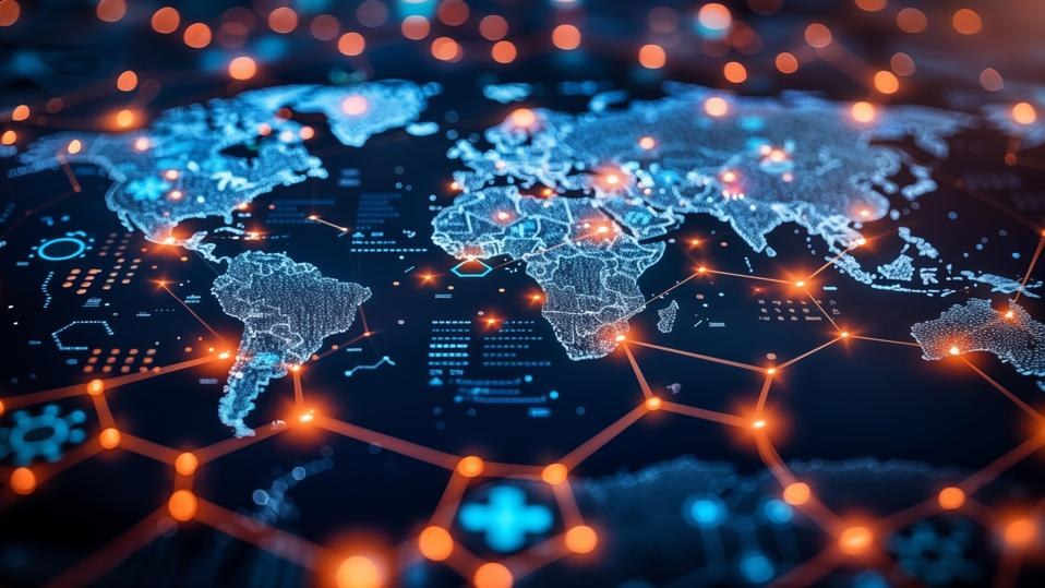 Digital world map with illuminated data connections, representing AI and the global economy